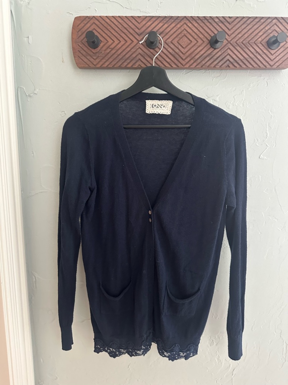 Navy Lace-Trim V-Neck Cardigan